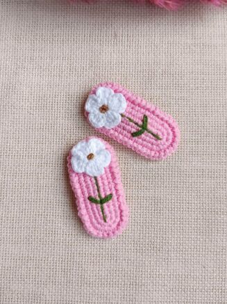 Pembe Çıtçıtlı Örgü Saç Tokası Çiçek Motifli