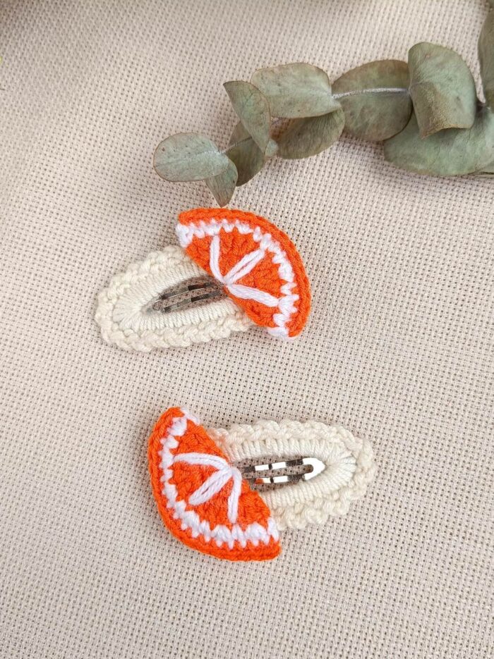 Çocuk Bebek Saç Tokası Portakal Desenli El Örgüsü 2 Li Set Çıtçıtlı Toka Bebek Toka - Kız Çocuk Toka2