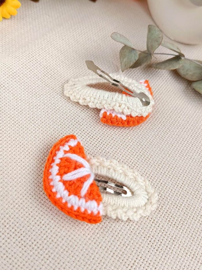 Çocuk Bebek Saç Tokası Portakal Desenli El Örgüsü 2 Li Set Çıtçıtlı Toka Bebek Toka - Kız Çocuk Toka3