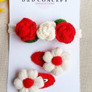 bebek çocuk saç aksesuarı Çıtçıtlı toka ve gül desenli bandana seti kırmızı beyaz kız1