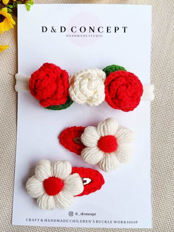 bebek çocuk saç aksesuarı Çıtçıtlı toka ve gül desenli bandana seti kırmızı beyaz kız1