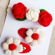 bebek çocuk saç aksesuarı Çıtçıtlı toka ve gül desenli bandana seti kırmızı beyaz kız2