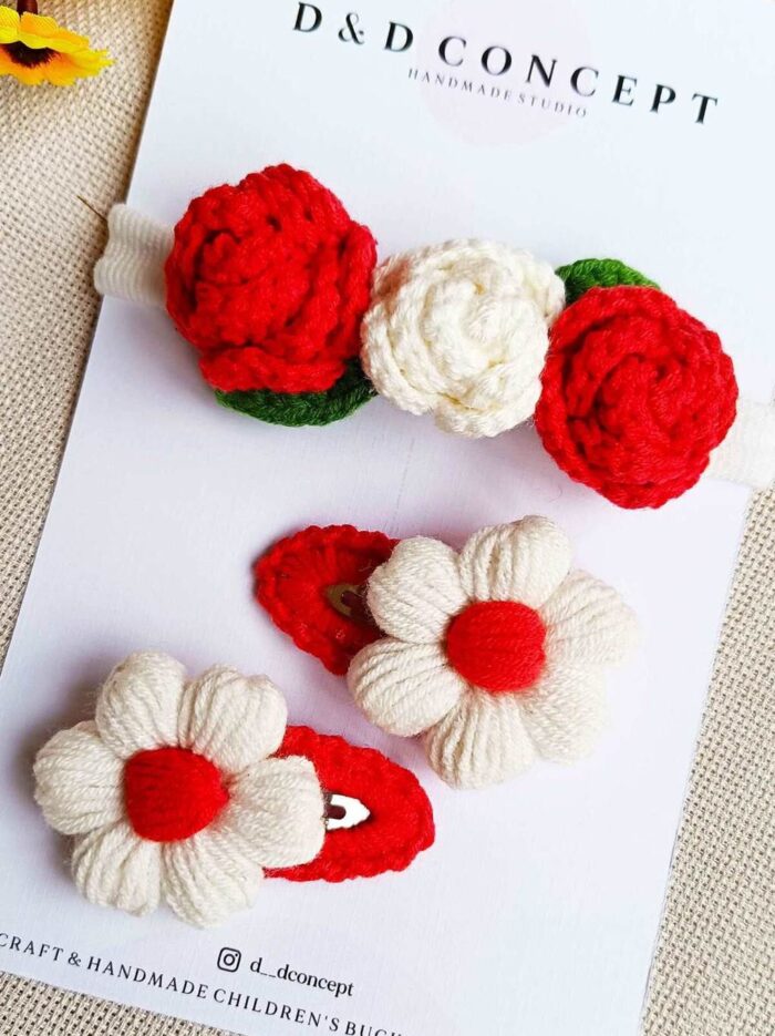 bebek çocuk saç aksesuarı Çıtçıtlı toka ve gül desenli bandana seti kırmızı beyaz kız2