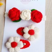 bebek çocuk saç aksesuarı Çıtçıtlı toka ve gül desenli bandana seti kırmızı beyaz kız3