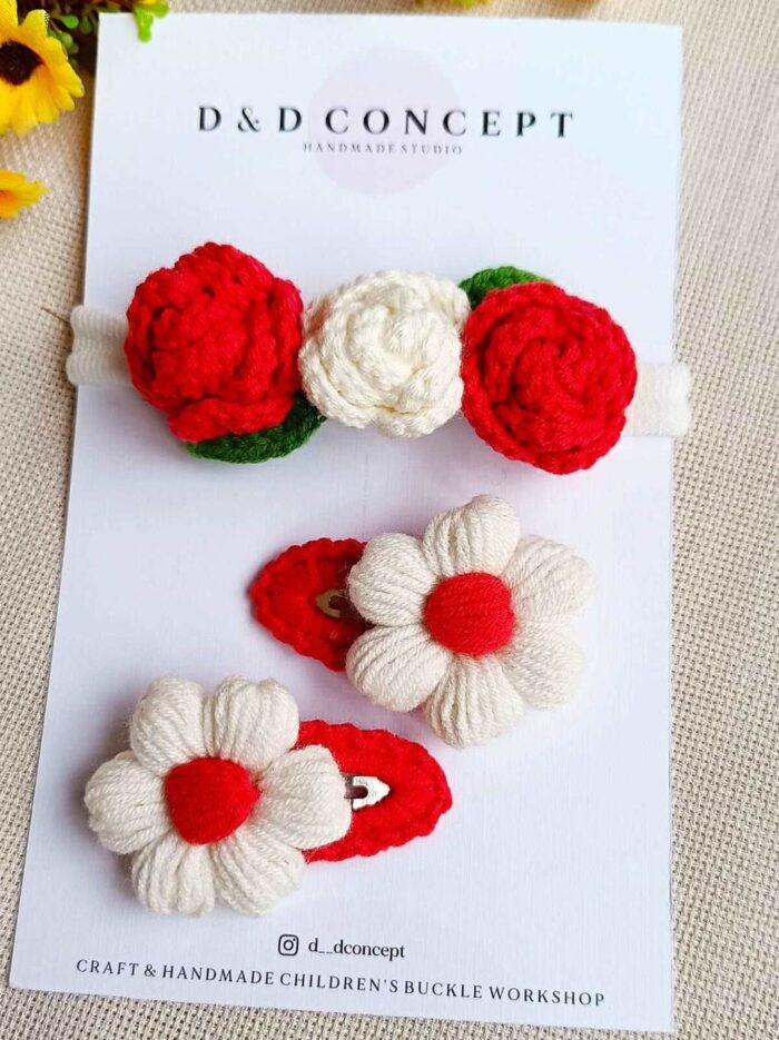 bebek çocuk saç aksesuarı Çıtçıtlı toka ve gül desenli bandana seti kırmızı beyaz kız3