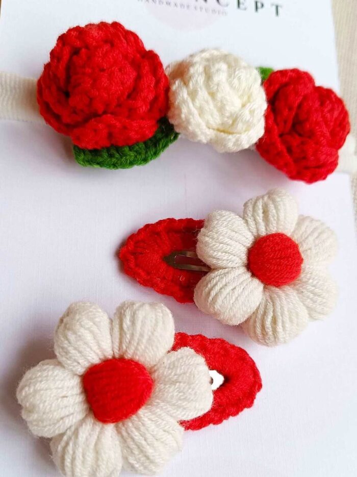 bebek çocuk saç aksesuarı Çıtçıtlı toka ve gül desenli bandana seti kırmızı beyaz kız4