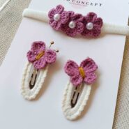 kelebek desenli organik saç bandı ve çıtçıtlı saç toka seti kız çocuk ve bebek saç aksesuar seti3